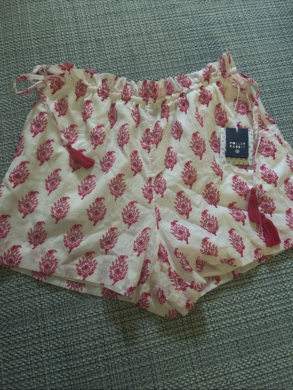 Roller Rabbit Cream Shorts with Pink Floral Block Print limited edition
